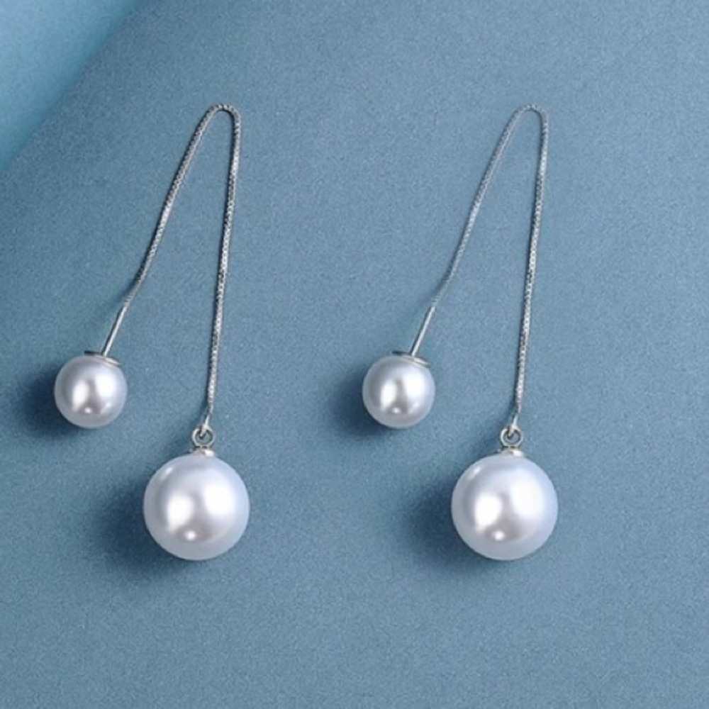 🌟 Sterling Silver 925 Long Imitation Pearl Earrings